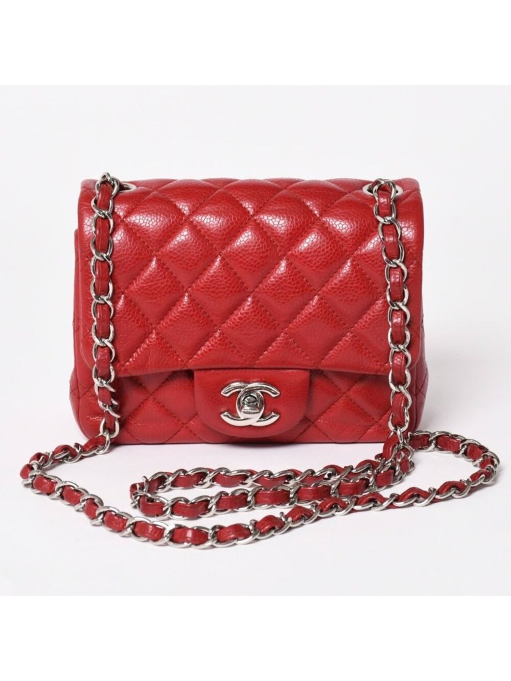 Chanel Mini Quilted 16 Chain Shoulder Bag Caviar Leather Red Silver